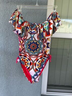 Tinibikini Sexy Lace Up Sides Bright Geometric Off Shoulder Festival Swimsuit M